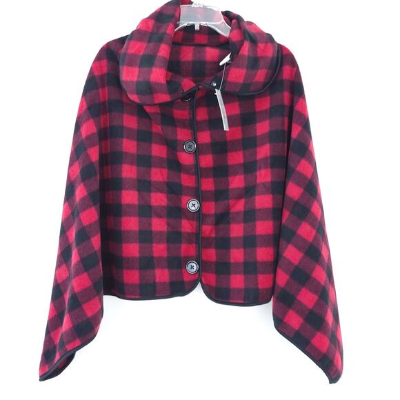 NEW Le Moda Buffalo Plaid Fleece Cape Small-Medium Red Black Check Plaid Holiday - Picture 1 of 4